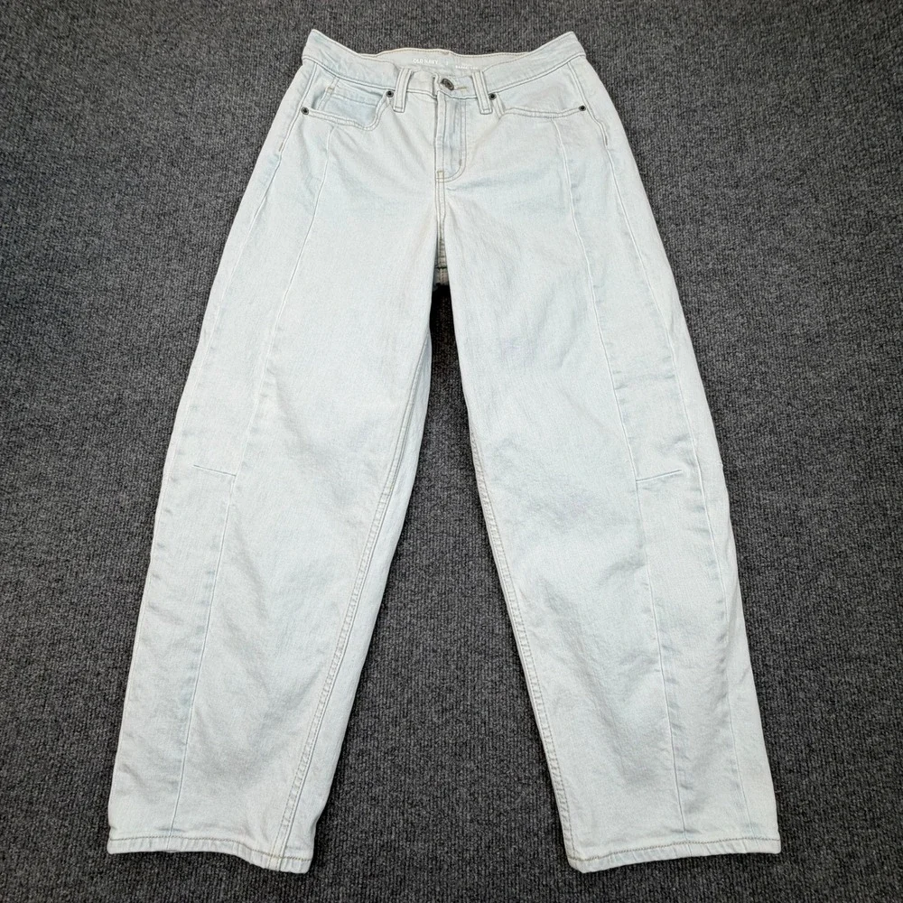 Old Navy High Rise Baggy Barrel Leg Jeans Womens 2 Light‎ Wash Blue Seam Detail